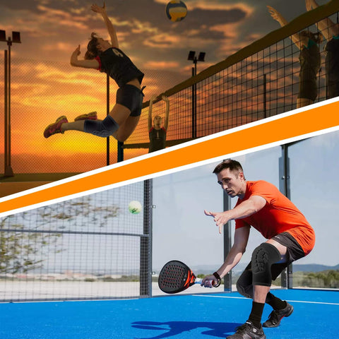 Athletes wearing compression knee pads for teens and adults, featuring lightweight foam cushion, in volleyball and pickleball action.