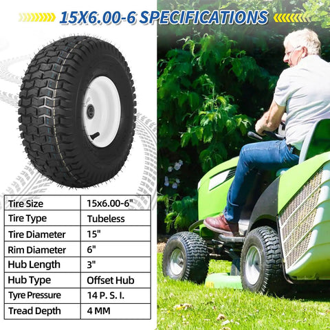 Two Pack Tubeless Front Tires And Wheel Set For Lawn Mowers 15x6.00-6 With 3 Inch Offset Hub 3/4 Inch Bearing 4 Ply tire specs chart