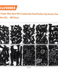 380 Piece M4 Socket Cap Screws Set with Countersunk Heads in package, full thread, hex nuts, lock washers, black alloy steel.