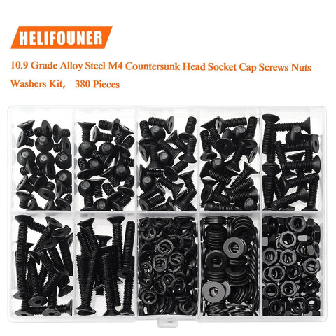 380 Piece M4 Socket Cap Screws Set with Countersunk Heads in package, full thread, hex nuts, lock washers, black alloy steel.