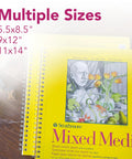 Mixed media paper pad with sketch image and multiple sizes available in 5.5x8.5, 9x12, and 11x14 inches.