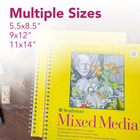 Mixed media paper pad with sketch image and multiple sizes available in 5.5x8.5, 9x12, and 11x14 inches.