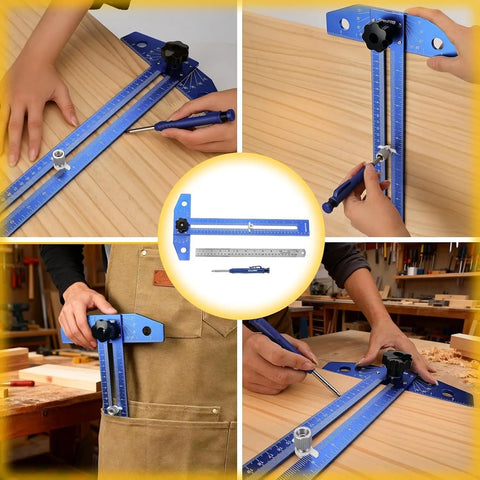 Badass Quick Slide Aluminum T Square Measuring Tool With Built In Protractor Dial For Swift Woodworking Framing And Tight Carpentry Layout Work Essentials, shown in use with adjustable features.