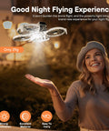 Woman showing Lighted Landing Gear 2-In-1 Kit for Flip Drone, Night Flight LED Support with 65 lumen light in night scene.