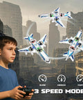 RC Drone Remote Control Airplane Ready To Fly Foam Jet Fighter Stunt Plane With 360 Degree Flips shown in three speed modes