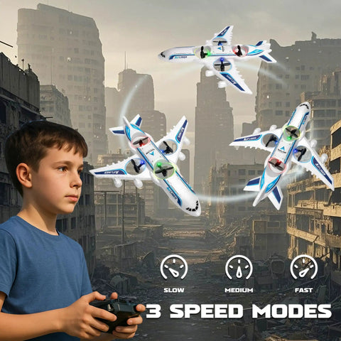 RC Drone Remote Control Airplane Ready To Fly Foam Jet Fighter Stunt Plane With 360 Degree Flips shown in three speed modes