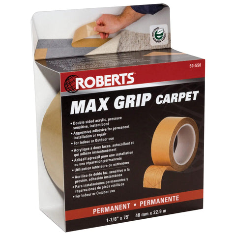 Rug Traction Anti Slip Rubber Tape With Adhesive Backing That Sticks To Most Carpet Backings shown in retail packaging.