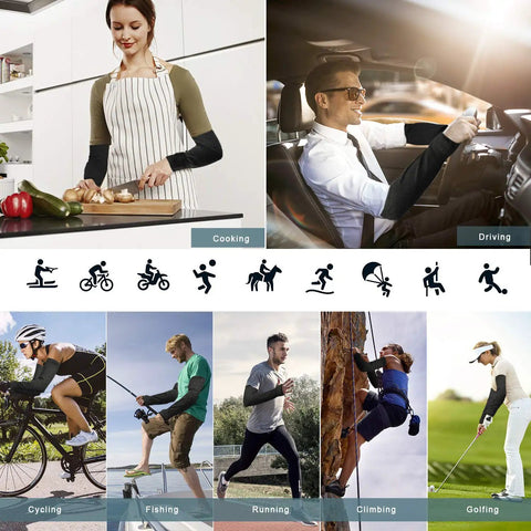 People wearing Arm Sleeves For Protection Cut Resistant Burn And Heat Shield Nylon Arm Protectors Guard Your Forearms while cooking and driving.