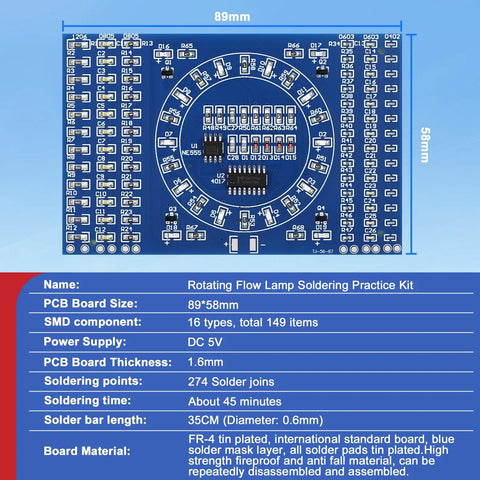 Hands On SMD Soldering Practice Kit To Build A LED Rotating Display With PCB Board, dimensions 89x58mm, component details.