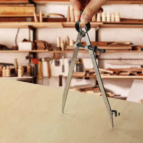 Professional All Metal Drafting Compass With Lockable Slider And Pencil Holder Slick Divider Tool Built Rock Solid For Carpentry And Leather Work dead on accuracy every single time up to seventeen inches wide, marking a circle on wood.