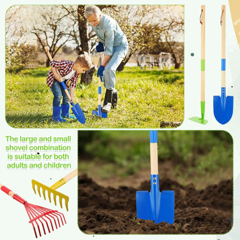 8 Piece Kids Garden Tool Set with real wood handles and steel heads in use by adults and children for garden fun
