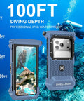 Fully Submersible Diving Phone Case with Full Touchscreen Access shown underwater with scuba diver and turtle at 100ft depth.