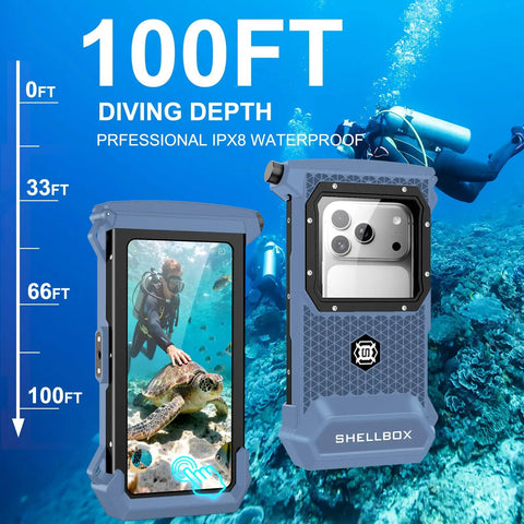 Fully Submersible Diving Phone Case with Full Touchscreen Access shown underwater with scuba diver and turtle at 100ft depth.