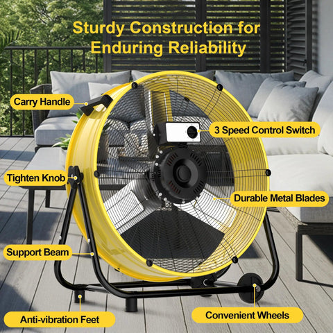 30 Inch High Velocity Industrial Drum Fan Delivers Up To 14000 CFM Beast-Level Airflow With 3 Speeds, 360 Degree Tilt, on patio