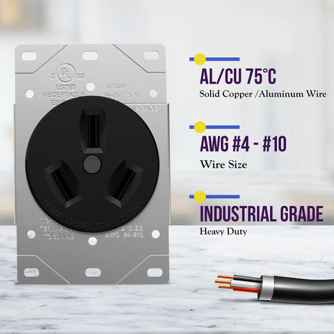 Heavy Duty NEMA 10-50R 50 Amp Black Outlet Socket with corrosion-resistant steel clamps and industrial-grade design.
