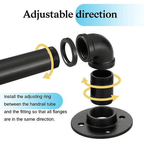 Heavy Duty 7 Ft Metal Industrial Pipe Stair Handrail In Glossy Black Finish adjustable fitting components diagram