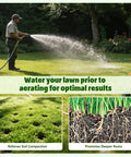 Man watering lawn before using Pro Grade Adjustable Lawn Aerator Tool With Rebound Spring And 16 Sharp Metal Spikes For Loosening Compacted Soil And Thatch Ergonomic T Handle With Wide Foot Plate Heavy Duty Yard Lawn Care Tool From 35 To 40 Inches, images show soil compaction relief and deeper root promotion.