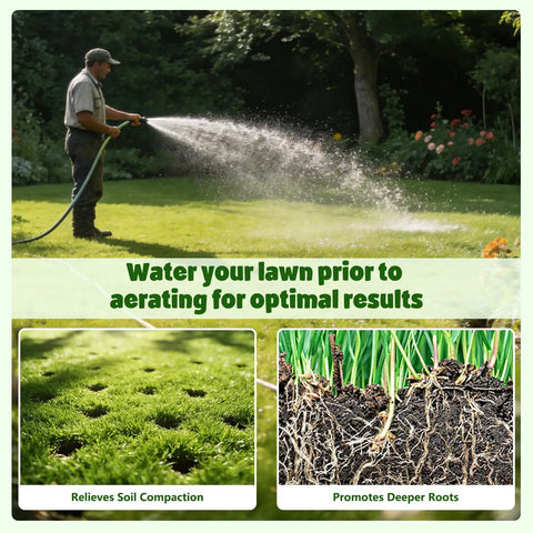 Man watering lawn before using Pro Grade Adjustable Lawn Aerator Tool With Rebound Spring And 16 Sharp Metal Spikes For Loosening Compacted Soil And Thatch Ergonomic T Handle With Wide Foot Plate Heavy Duty Yard Lawn Care Tool From 35 To 40 Inches, images show soil compaction relief and deeper root promotion.