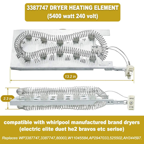 Dryer Heating Element Kit Compatible With Whirlpool Cabrio Kenmore He2 He3 Maytag Dryers Replacement NiCr Coil With Durable Mounting Supports For Fast No Fuss Install Even Heating And Long Lasting Performance