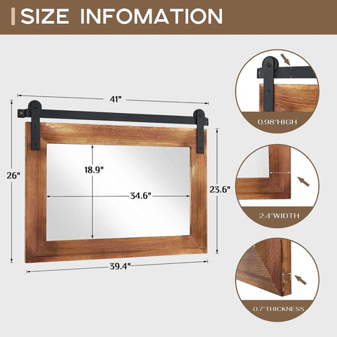 Size dimensions of Farmhouse Barn Door Mirror With Rustic Wood Frame 41 By 26 Inches for bathroom, living room, bedroom decor