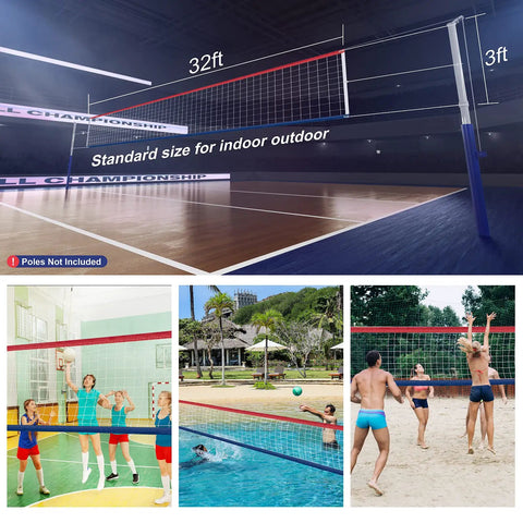 Heavy Duty Outdoor Volleyball Net 32X3FT Net Only With All Weather HDPE UV Treated Stainless Cable Reinforced Borders and Waterproof Nylon Coated Edges in use.