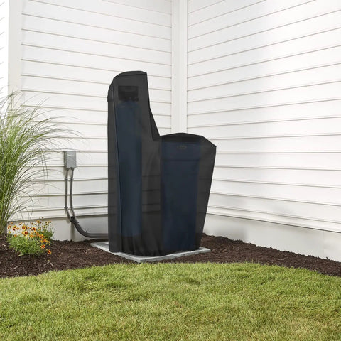 Outdoor Water Softener Cover Waterproof For Whole House Units, 55 H x 30 W x 16 D in black, installed in a garden corner.