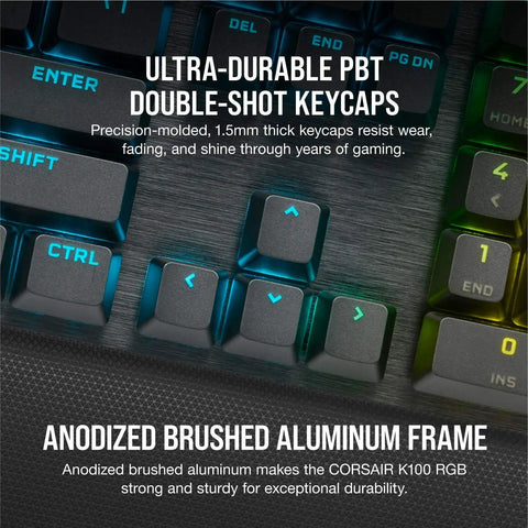 Close-up of Ultimate Optical Mechanical Gaming Keyboard showing ultra-durable PBT double-shot keycaps and anodized aluminum frame.
