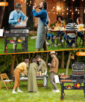 All In One Outdoor Grill Cart For 17 To 22 Inch Griddles And Pizza Ovens used at a party and picnic with people grilling and socializing.