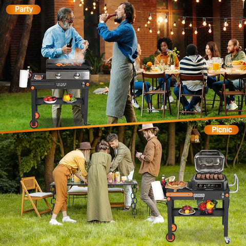 All In One Outdoor Grill Cart For 17 To 22 Inch Griddles And Pizza Ovens used at a party and picnic with people grilling and socializing.
