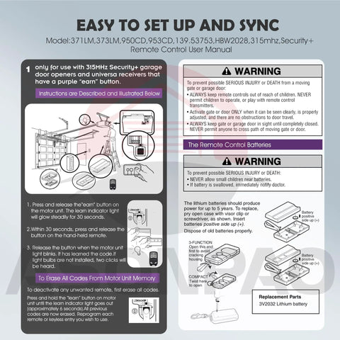 Instruction manual page for 2 Pack Remote For LiftMaster 371LM And Chamberlain 950CD with setup and safety warnings.