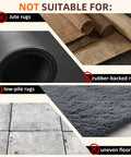 Not suitable surfaces for 24 Piece Rug Gripper Set Non Slip Carpet Tape showing jute, rubber rugs, low-pile rugs, and uneven floors.