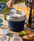 Person using 7 Liter Insulated Ice Bucket With Lid, Scoop And Tongs, Vacuum Sealed Stainless Steel Keeps Ice Cold For 48 Hours, Blue
