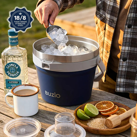 Person using 7 Liter Insulated Ice Bucket With Lid, Scoop And Tongs, Vacuum Sealed Stainless Steel Keeps Ice Cold For 48 Hours, Blue