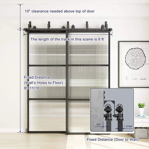 Bypass Glass Barn Door Kit With Double 6-Foot Hardware, 72 By 84 Inch Sliding Door Set in Reeded Glass, Black Carbon Steel Frame