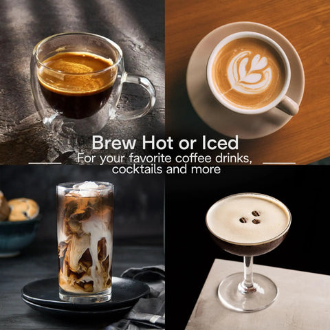 Top Shelf Compact Espresso Machine With Automatic Steam Wand Three Brew Temps Milk Foam Settings Dishwasher Safe Parts 15 Bar Pressure Stainless Steel Design That Hits Different showcasing various brewed coffee drinks.