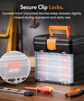 Versatile Fishing Tackle Storage Box With 4 Removable Trays And Adjustable Dividers, shown with secure clip locks.