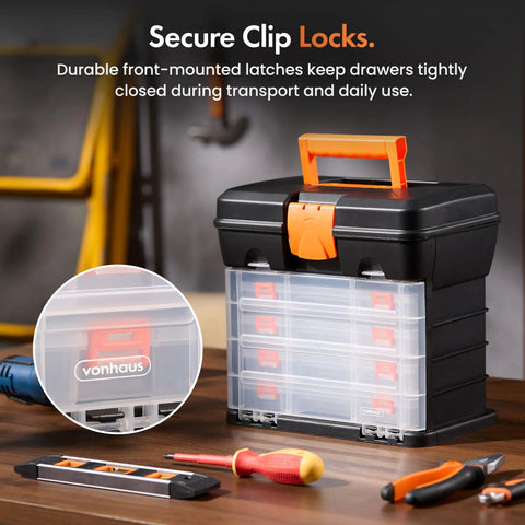 Versatile Fishing Tackle Storage Box With 4 Removable Trays And Adjustable Dividers, shown with secure clip locks.