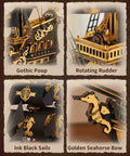 Close-up views of the Seahorse Barque 3D Wooden Puzzle for Adults, Sailboat Model Kit With 603 Piece DIY Build, gothic stern, rudder, sails, figurehead.