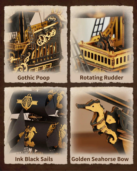 Close-up views of the Seahorse Barque 3D Wooden Puzzle for Adults, Sailboat Model Kit With 603 Piece DIY Build, gothic stern, rudder, sails, figurehead.