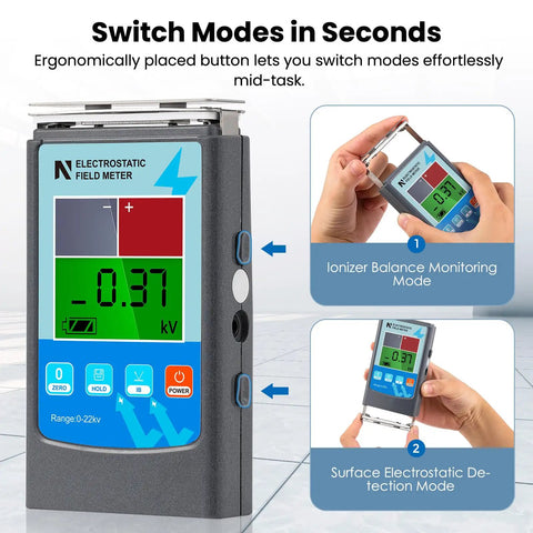 Genuine Static Meter And Electrostatic Fieldmeter For Quick ESD Touch Ups measuring -0.37 kV, showing ion balance mode on LCD.