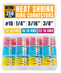 250 Pcs Heat Shrink Ring Terminal Kit Set For 22 To 10 AWG Waterproof Tinned Copper Ring Terminals in assorted colors