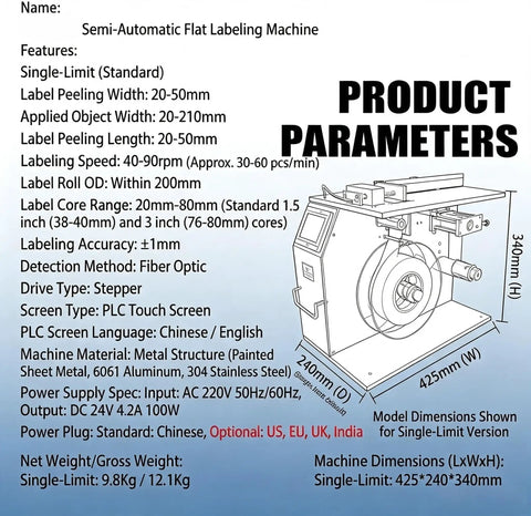 High Precision Semi Automatic Right Angle Corner Labeling Machine With Light Sensor Recognition For Stickers And Bottles Stable Easy Operation 15 To 30 Pieces Per Min Speed Durable Metal Construction For Small Business Owners dimensions and specifications image.