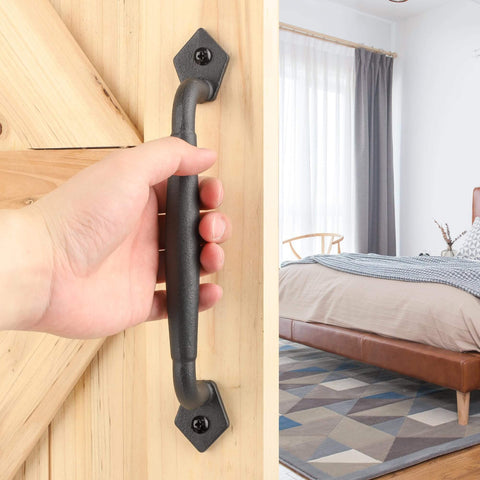 10 Inch Heavy Duty Barn Door Pull Handle Matte Black Solid Metal Sliding Door Hardware installed on wooden door