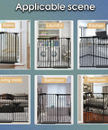 Image showing Extra Wide 30 Inch Tall Baby Gate for doorways and stairs, pressure mounted black metal gate in various home settings.