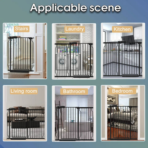 Image showing Extra Wide 30 Inch Tall Baby Gate for doorways and stairs, pressure mounted black metal gate in various home settings.