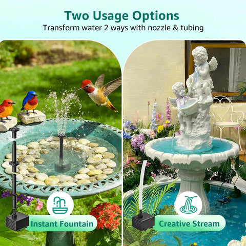 Go To Solar Fountain Pump With Battery Backup For Bird Bath And Garden, 8.5W panel in use creating water spray and stream