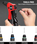 Close-up of red and black rivet gun in hand with nosepiece options; Rivet Gun Kit With 200 Aluminum Rivets And Four Drill Bits DIY Manual Hand Riveter With Rugged Carrying Case For Home Projects And Auto Body Fixes For Home Hobbyists