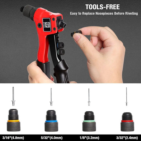Close-up of red and black rivet gun in hand with nosepiece options; Rivet Gun Kit With 200 Aluminum Rivets And Four Drill Bits DIY Manual Hand Riveter With Rugged Carrying Case For Home Projects And Auto Body Fixes For Home Hobbyists