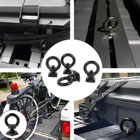 Heavy Duty Stainless Steel T Slot Tie Down Anchors For Roof Racks, 4 Pack M8 Ring Eye Bolts And T Bolts Eye Nuts For Securing Bungee Cords, Ropes, And Hooks On Any Rack, Weatherproof Black installed on roof rack and truck bed