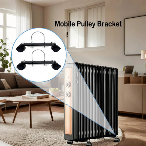 1 pair of black mobile pulley brackets with 360° wheels for oil heater, easy to install